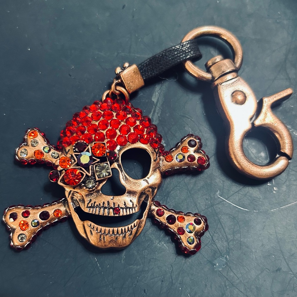 Bling Rhinestone Skull Crossbones Keychain Bag Charm Red Gothic Punk
